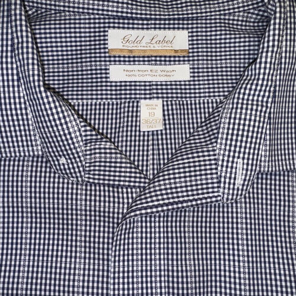 Roundtree & Yorke Gold Label Mens Blue CheckerNon-Iron Dress Shirt 19x36/37 Tall